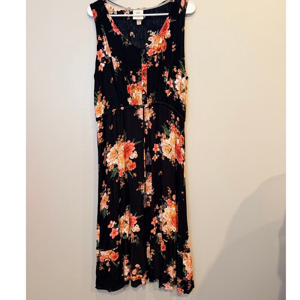 Knox Rose Black Floral Sleeveless Maxi Dress Boho Button Front Women's Size L